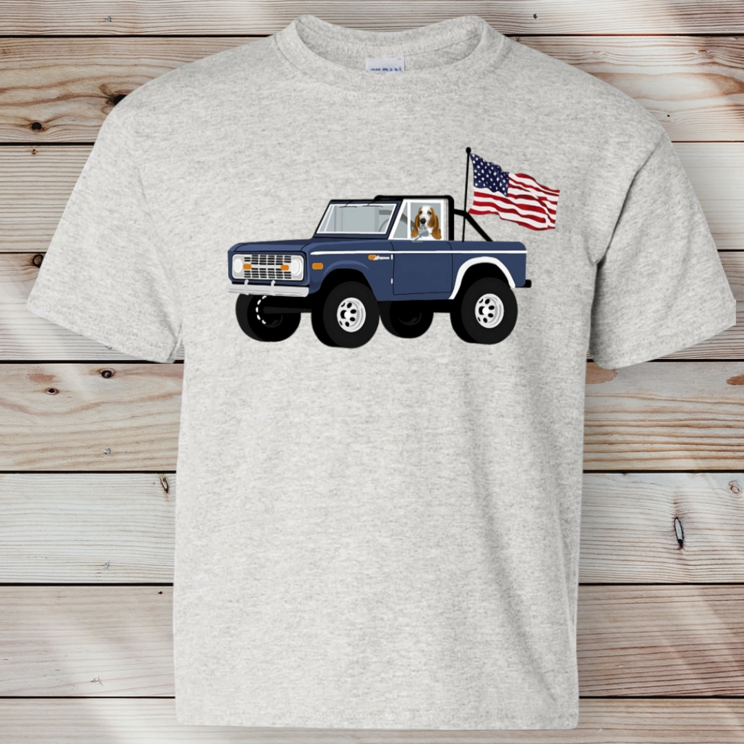 Basset Hound Ford Bronco American Flag T Shirt