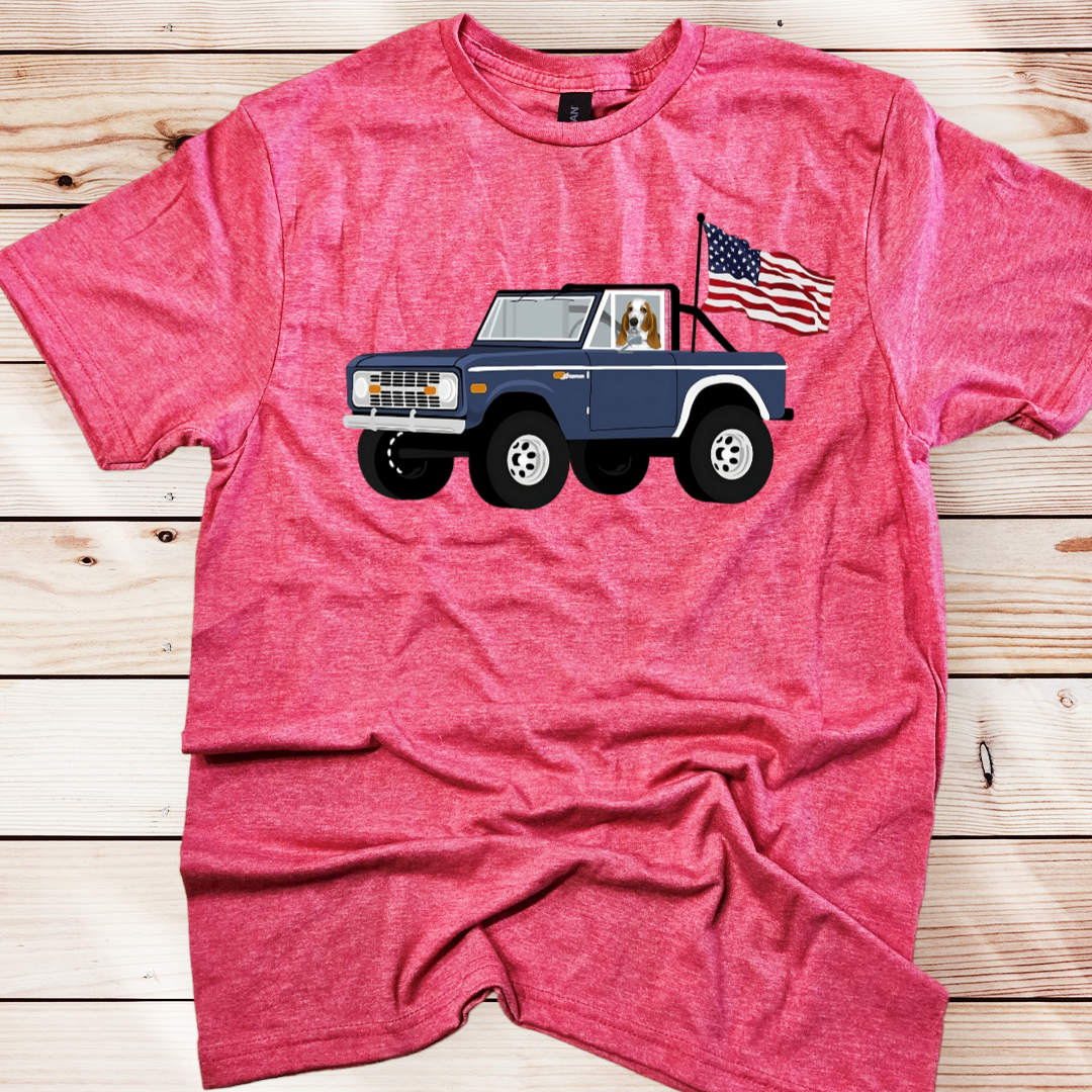 Basset Hound Ford Bronco American Flag T Shirt Red