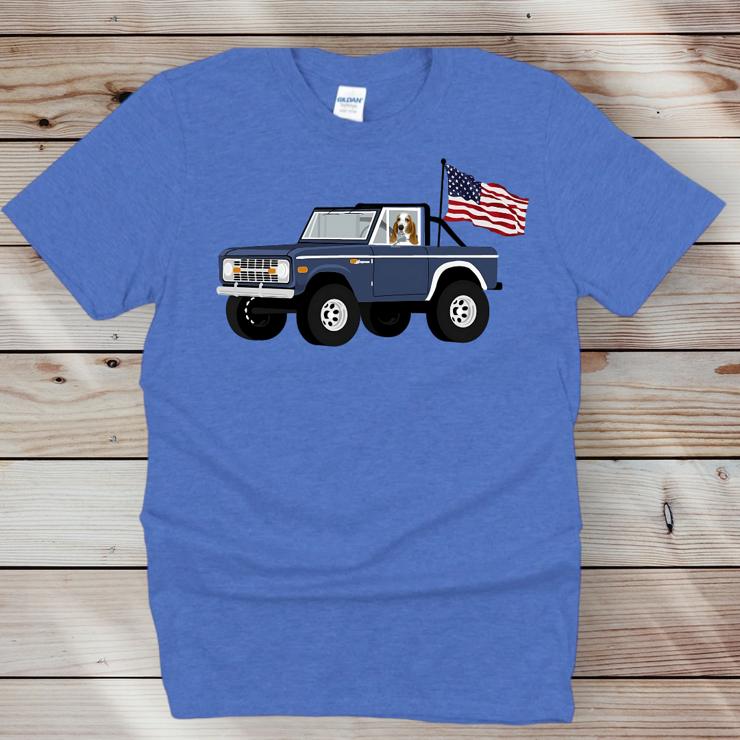 Basset Hound Ford Bronco American Flag T Shirt Blue