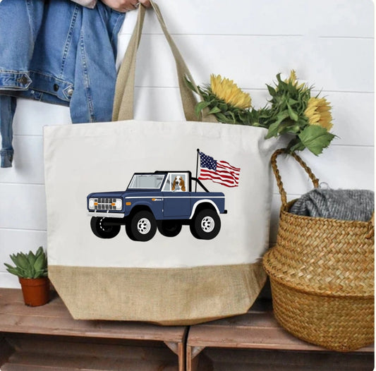 Basset Hound Ford Bronco American Flag Premium Canvas Tote