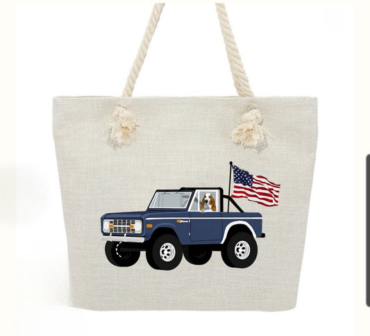 Basset Hound Ford Bronco American Flag Rope Handle Tote