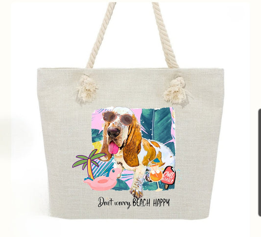 Don't worry BEACH HAPPY Basset Hound Premium Rope Zip Tote