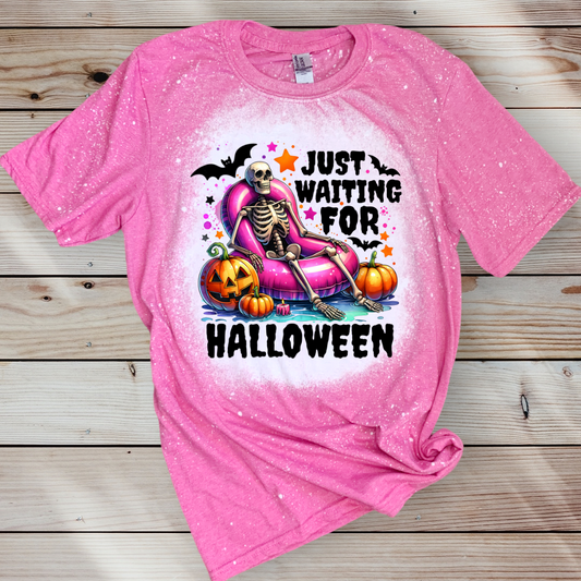 Just Waiting for Halloween Skelly T Shirt Pink