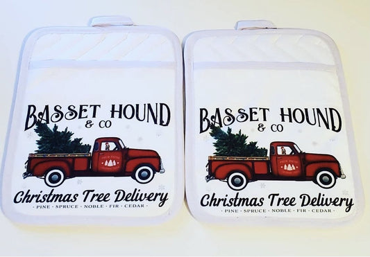 Basset Hound Christmas Tree Delivery Pot Holder/Oven Mit Combo