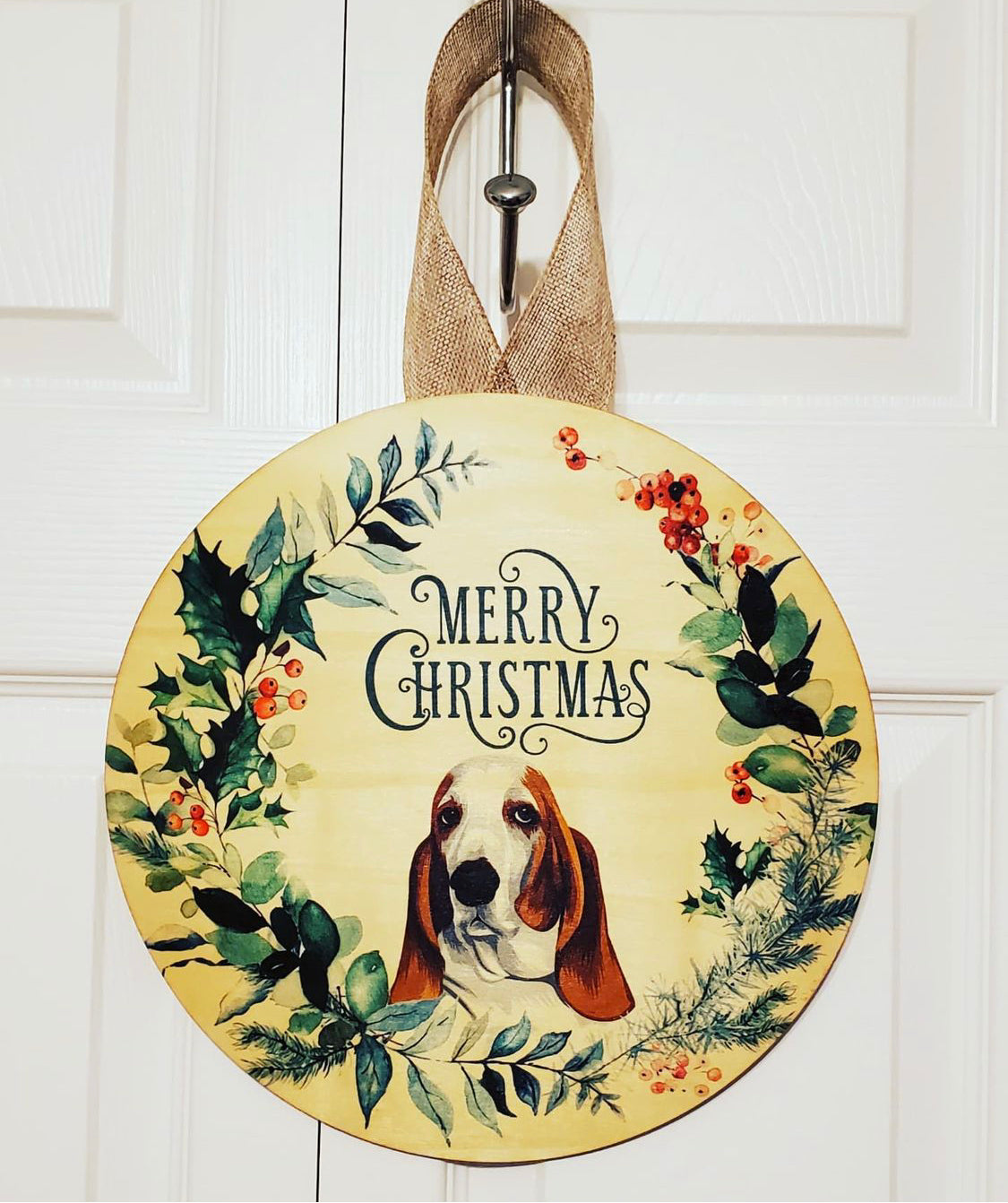 Merry Christmas Basset Hound natural wood sign